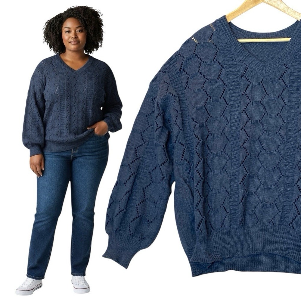 V-Neck Open Knit Sweater Womens 4XL Blue Boho Chic Oversized‎ Preppy Honeycomb